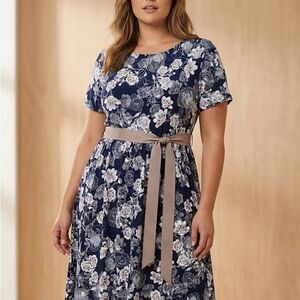 Navy Floral Midi Dress with Belt